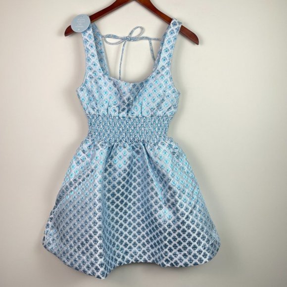 Hill House The Cher Metallic A Line Mini Dress Snowflake Brocade Blue/ White S - Picture 3 of 10